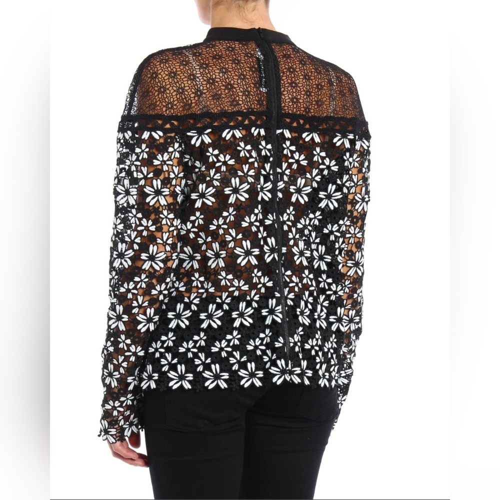 Black And White Lace Long-Sleeve Top - Sheer , Self Portrait, UK8, Us 4